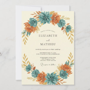 Turquoise Rust Blossom Wedding Invitation