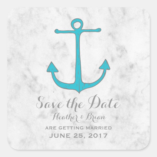 Turquoise Rustic Anchor Save the Date Square Sticker (Front)