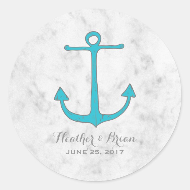 Turquoise Rustic Anchor Wedding Classic Round Sticker (Front)