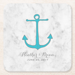 Turquoise Rustic Anchor Wedding Square Paper Coaster