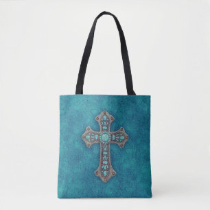Turquoise Rustic Cross Tote Bag