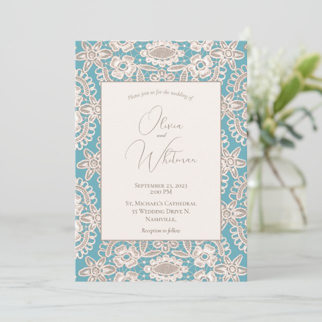 Turquoise Rustic Lace Yellow Wedding Invitations (Standing Front)