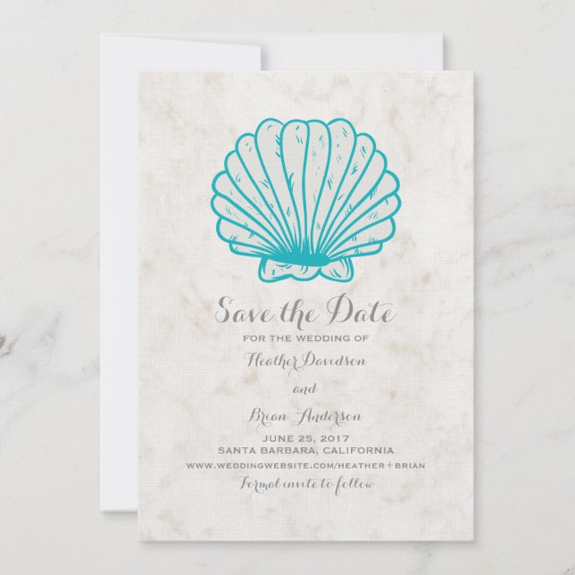 Turquoise Rustic Seashell Save the Date Invite (Front)
