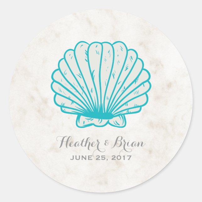 Turquoise Rustic Seashell Wedding Classic Round Sticker (Front)