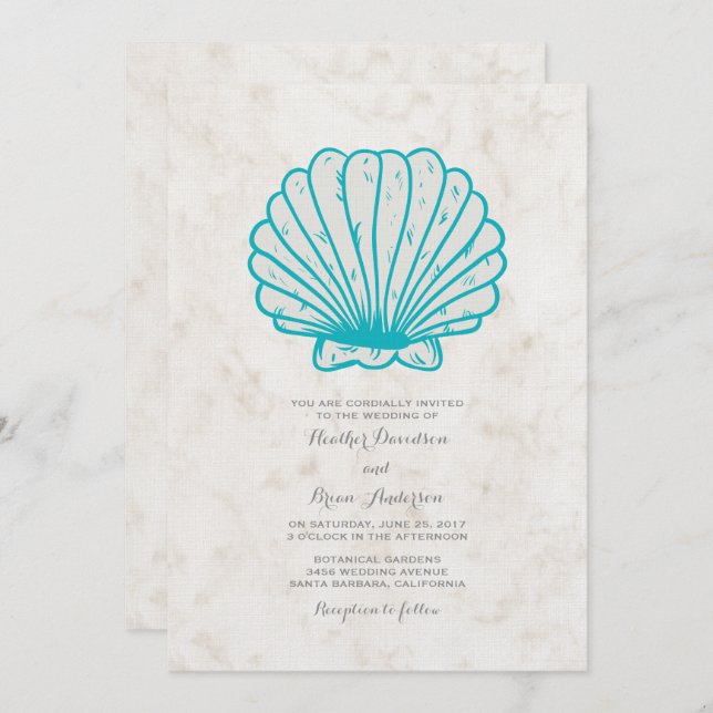 Turquoise Rustic Seashell Wedding Invite (Front/Back)