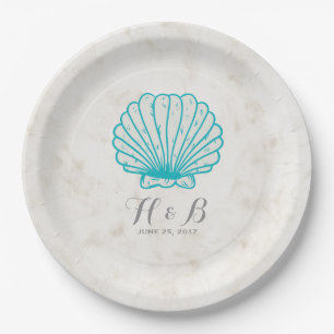 Turquoise Rustic Seashell Wedding Paper Plate