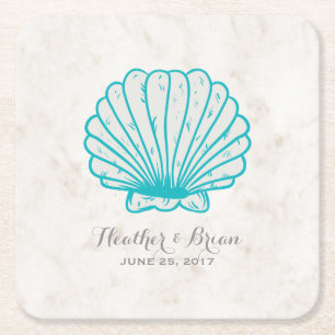 Turquoise Rustic Seashell Wedding Square Paper Coaster
