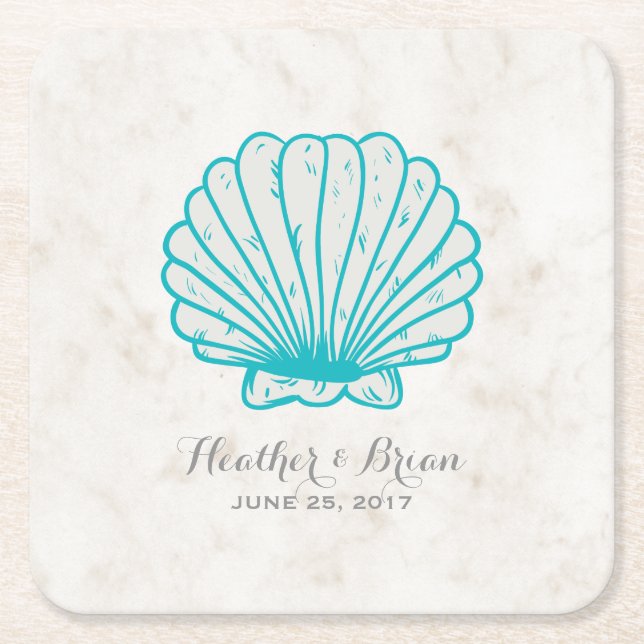 Turquoise Rustic Seashell Wedding Square Paper Coaster (Front)
