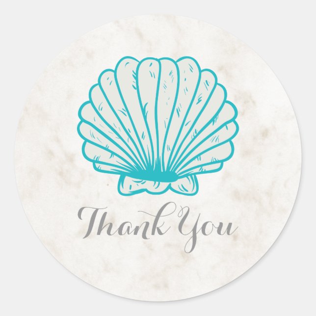 Turquoise Rustic Seashell Wedding Thank You Classic Round Sticker (Front)