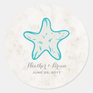 Turquoise Rustic Starfish Wedding Classic Round Sticker