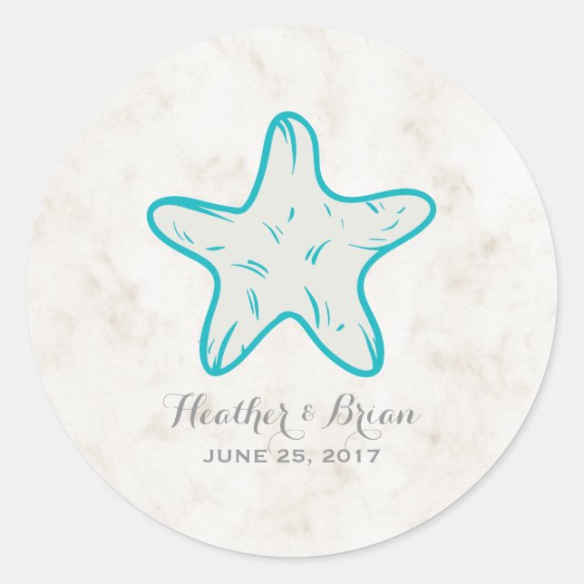 Turquoise Rustic Starfish Wedding Classic Round Sticker (Front)