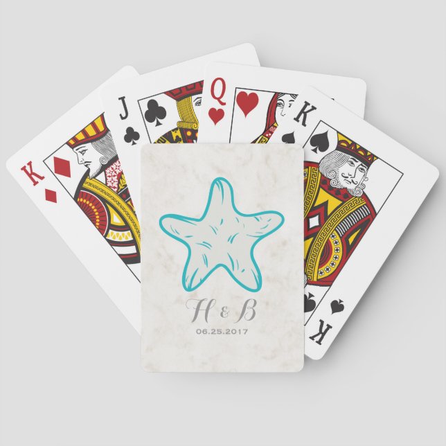 Turquoise Rustic Starfish Wedding Playing Cards (Back)