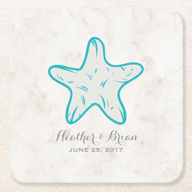 Turquoise Rustic Starfish Wedding Square Paper Coaster (Front)