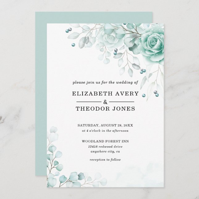 Turquoise sage greens Floral Wedding Invitation (Front/Back)