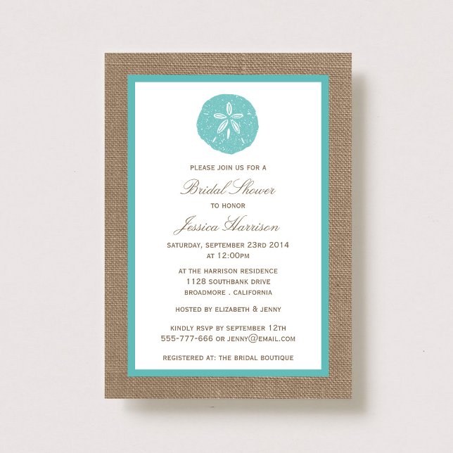 Turquoise Sand Dollar Beach Burlap Bridal Shower Invitation (Creator Uploaded)