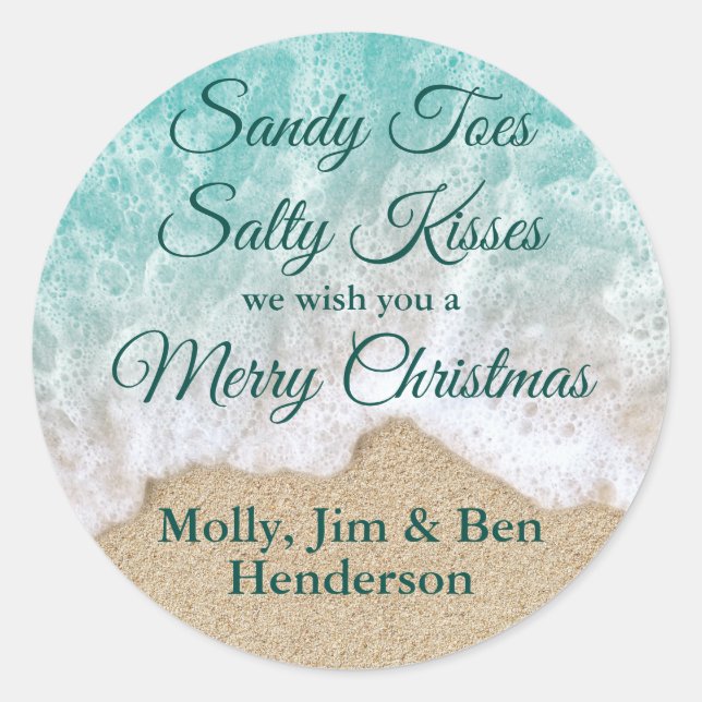 Turquoise Sandy Toes Salty Kisses Merry Christmas Classic Round Sticker (Front)