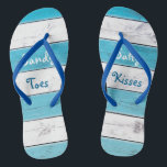 Turquoise Sandy Toes Salty Kisses Thongs<br><div class="desc">These cute flip flops are accented with the saying,  "Sandy Toes Salty Kisses" on a turquoise and white striped background,  making them a perfect wedding accessory for the bride or wedding favour for the tropical,  beach,  nautical or destination wedding. Scroll down to see the coordinating tank top.</div>