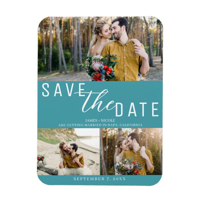 Turquoise Save the Date Wedding 3 Photos Magnet (Vertical)