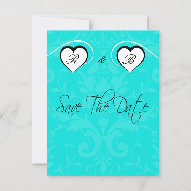 Turquoise Save the Date Wedding Initial Hearts (Front)