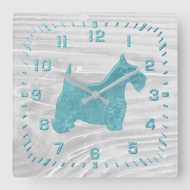 Turquoise Scottie White Wash Wood Square Wall Clock (Front)