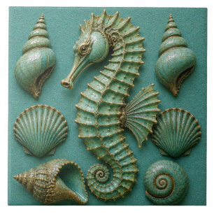 Turquoise Seahorse and Seashell Coastal Ceramic Tile