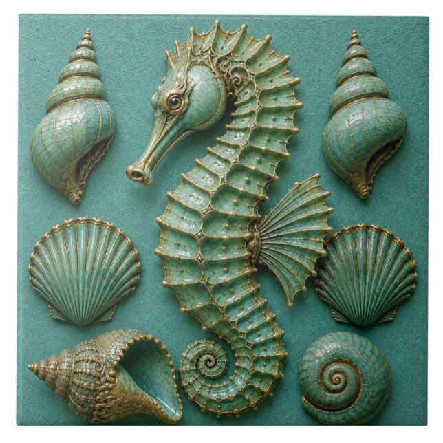Turquoise Seahorse and Seashell Coastal Ceramic Tile (Front)