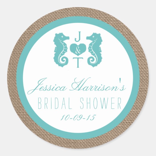 Turquoise Seahorse Beach Bridal Shower Stickers (Front)