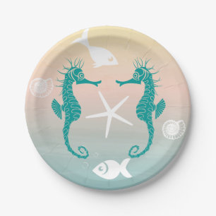 Turquoise Seahorse Blue Pink Sunset Beach Wedding Paper Plate