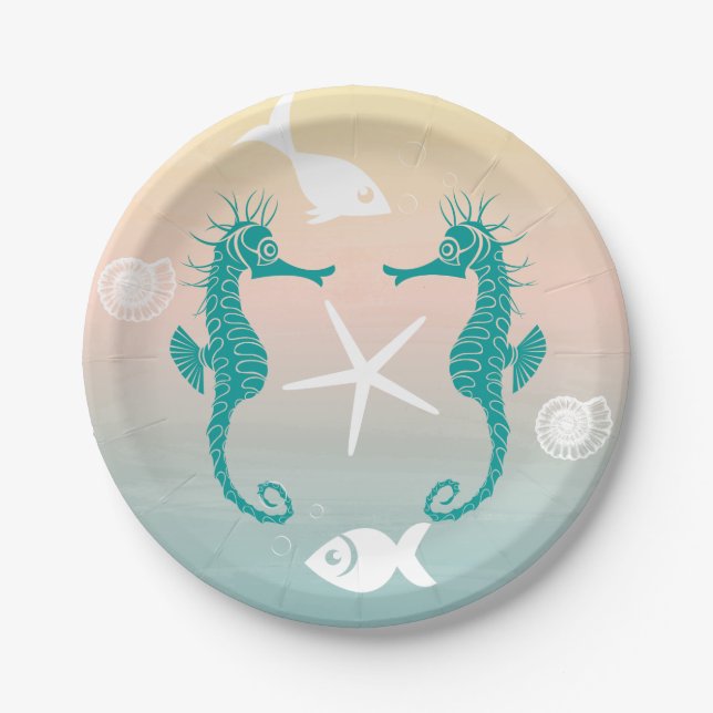 Turquoise Seahorse Blue Pink Sunset Beach Wedding Paper Plate (Front)