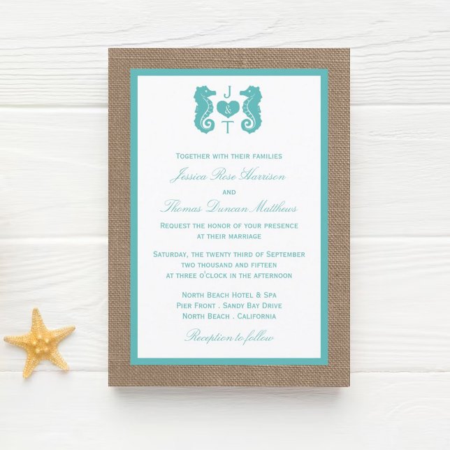Turquoise Seahorse Burlap Beach Wedding Collection Invitation (Creator Uploaded)