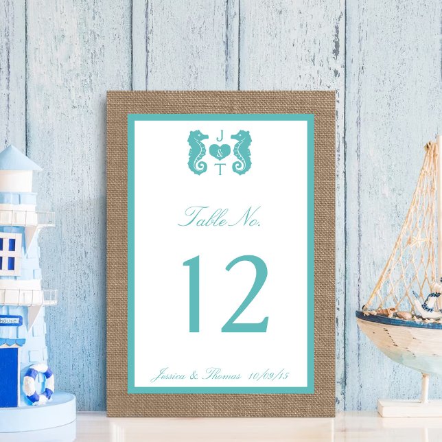Turquoise Seahorse Burlap Beach Wedding Collection Table Number (Creator Uploaded)