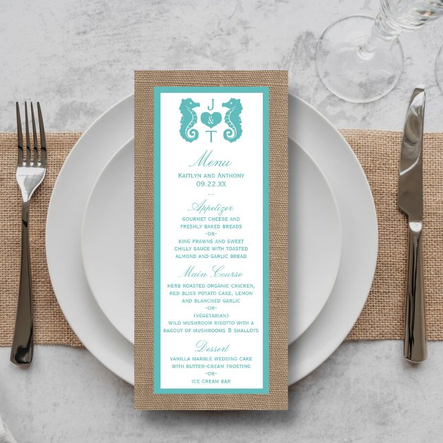 Turquoise Seahorse Burlap Beach Wedding Menu (Creator Uploaded)