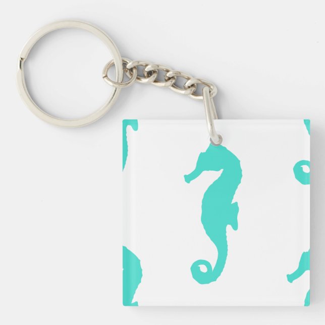 Turquoise Seahorse Coastal Pattern Key Ring (Front)