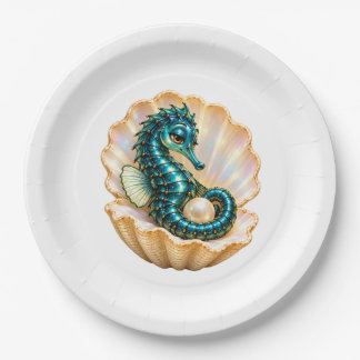 Turquoise Seahorse in Pearl Shell Ocean Party Pape Paper Plate
