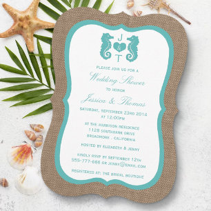 Turquoise Seahorse On Burlap Beach Wedding Shower Invitation