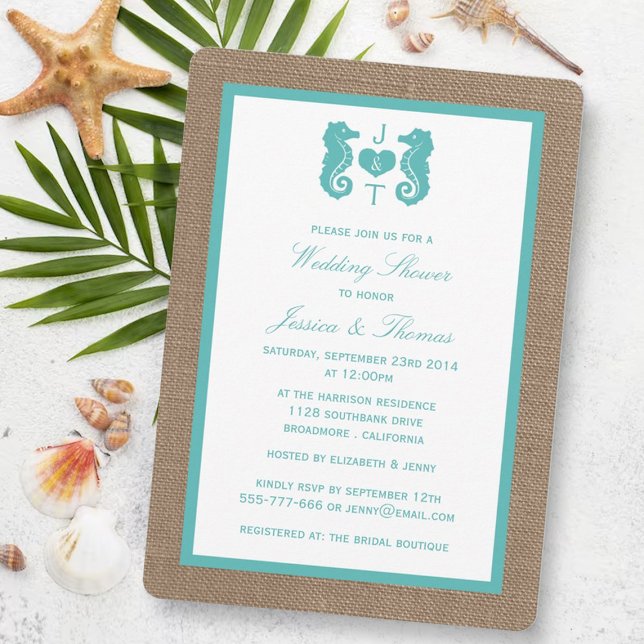 Turquoise Seahorse On Burlap Beach Wedding Shower Invitation (Creator Uploaded)