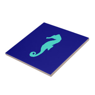 Turquoise Seahorse On Navy Blue Coastal Decor Ceramic Tile