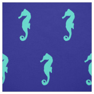Turquoise Seahorse On Navy Blue Coastal Decor Fabric
