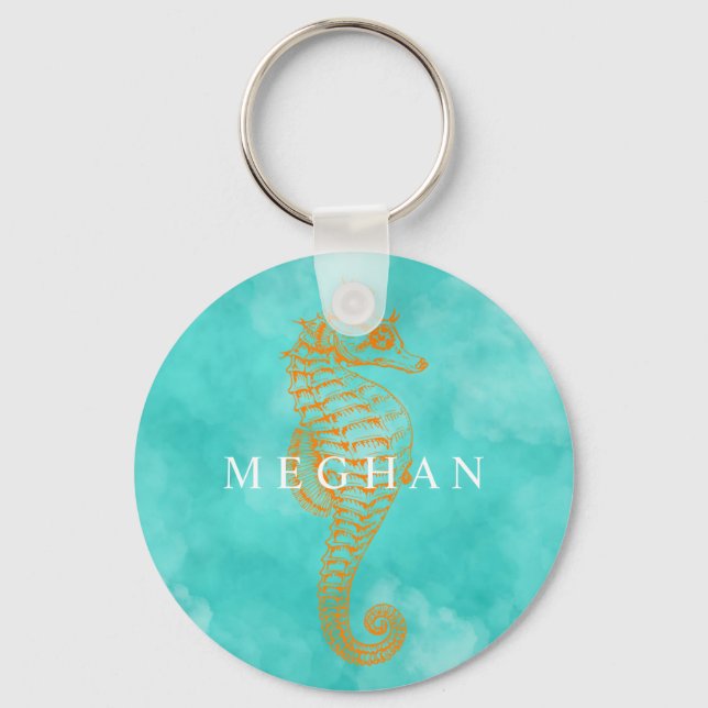 Turquoise Seahorse | Personalised Button Keychain (Front)