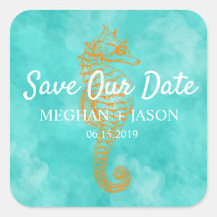 Turquoise Seahorse   Save The Date Sticker