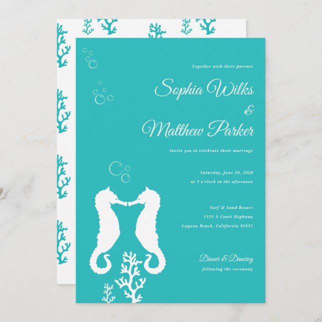 Turquoise Seahorse Wedding Invitation (Front/Back)