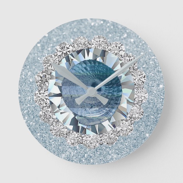 Turquoise Seashell Aquamarine Jewel Faux Glitter Round Clock (Front)
