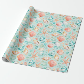 Turquoise Seashell Starfish Watercolor Beach Gift  Wrapping Paper