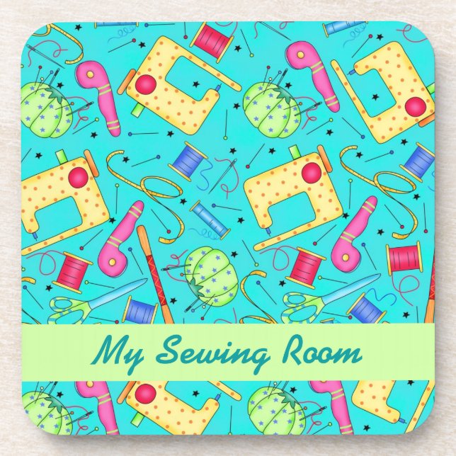 Turquoise Sewing Art Cork Coaster (Front)