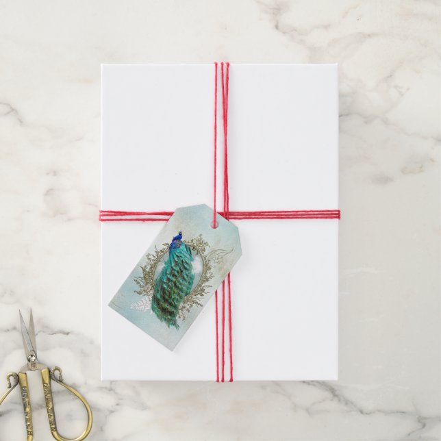 Turquoise Shabby Peacock Gift Tags (With Twine)
