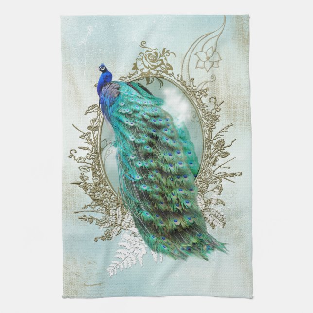 Turquoise Shabby Peacock Tea Towel (Vertical)