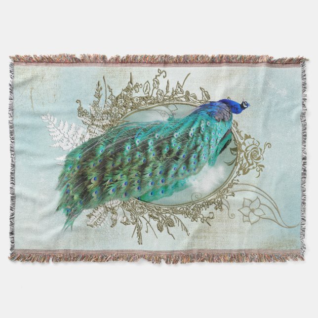 Turquoise Shabby Peacock Throw Blanket (Front)