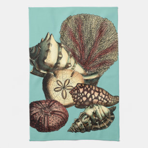 Turquoise Shell and Red Coral Collection Tea Towel
