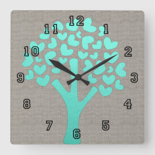 Turquoise Shimmer Tree of Hearts Beige Linen Look Square Wall Clock