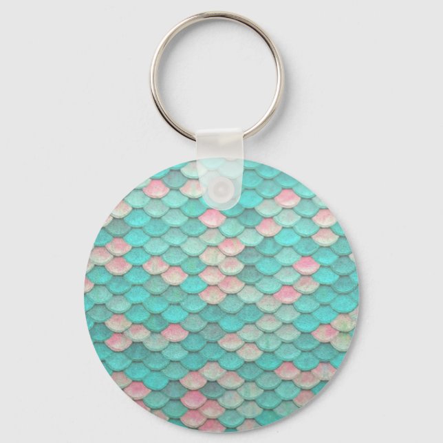 Turquoise Shiny Fish Scales Effect Pattern Key Ring (Front)